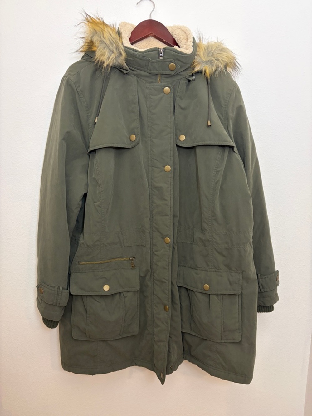 Halogen Olive Green Plus Size Faux Fur Lined Hooded Parka Coat